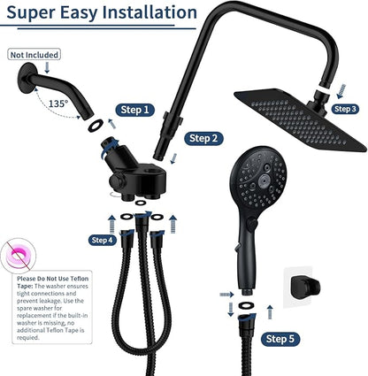 VXV 8'' High Pressure Rainfall Shower Head with 6 Function Handheld Shower Spray, Dual Shower Head Combo with Adjustable Slide Bar, Luxury Matte Black