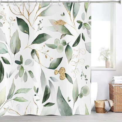 Green and Gold Leaf Shower Curtain, Sage Eucalyptus Leaves with Gold Branches Botanical Plants Fabric Bathroom Curtain Home Decor Waterproof Washable 12 Hooks, 72'' Lx60 W (GCI-8085)