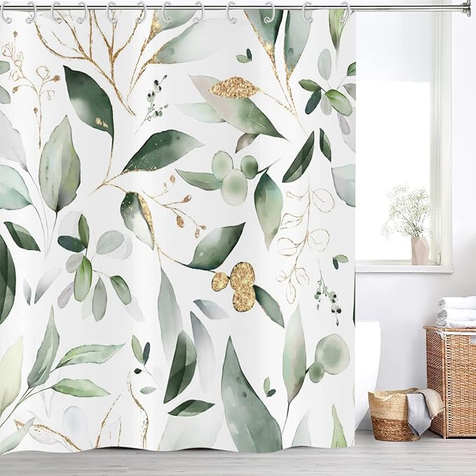 Spring Green Leaf Shower Curtain, Sage Eucalyptus Leaves with Gold Branches Botanical Plants Fabric Bathroom Curtain Home Decor Waterproof Washable 12 Hooks, (GCI-10013), 78''Lx72''W