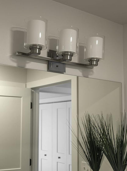 Design House 556159 Oslo Traditional 3-Light Indoor Dimmable Bathroom Vanity Light with Double Glass Shades for Over the Mirror, Satin Nickel