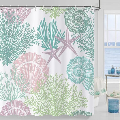 Nautical Coastal Shower Curtain, Pink Green Purple Ocean Beach Seashell Starfish Themed Bathroom Curtain Waterproof Fabric Machine Washable with Hooks, 65" Wx72 L