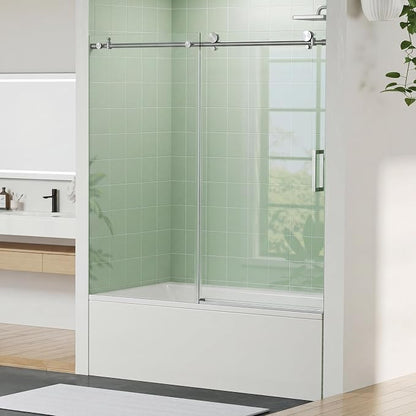 Frameless Sliding Shower Door, 59" Width x 60" Height, 6mm (1/4") SGCC Tempered Clear Glass with Easy-to-Clean Coating, Silver Round Rail