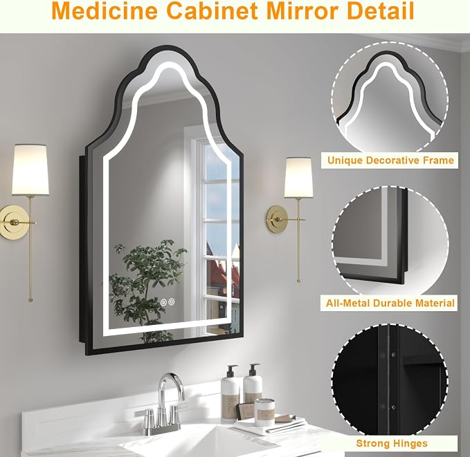 Black Lighted Medicine Cabinet with Mirror, 20''x32'' Surface or Recessed Irregular Bathroom Mirrors with Storage, Anti-Fog Dimmable LED Medicine Cabinet for Bathroom, 3 Color Temperature