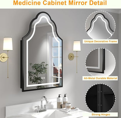 Black Lighted Medicine Cabinet with Mirror, 20''x32'' Surface or Recessed Irregular Bathroom Mirrors with Storage, Anti-Fog Dimmable LED Medicine Cabinet for Bathroom, 3 Color Temperature