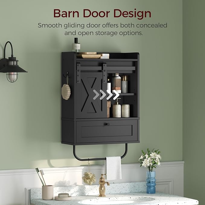 Bathroom Wall Cabinet, Farmhouse Medicine Cabinets with Sliding Door, Wall Mounted Storage Cabinet with Adjustable Shelf and Towel Bar, for Bathroom, Living Room, Kitchen, Black