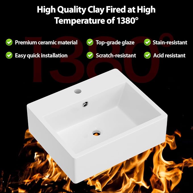 Wall Mounted Bathroom Sink 20"x17" Ceramic Floating Vessel Sink | Wall Hung Ceramic Bathroom Sink White Rectangular Wall Mount Wash Basin Porcelain Lavatory Sink