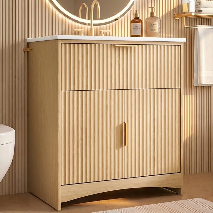Marsail 30 Inch Bathroom Vanity with Sink, Wood Bathroom Vanities Modern Fluted Vanity Bathroom Cabinet with Drawer, Freestanding Ceramic Vanity Sinks for Bathrooms, Natural Oak