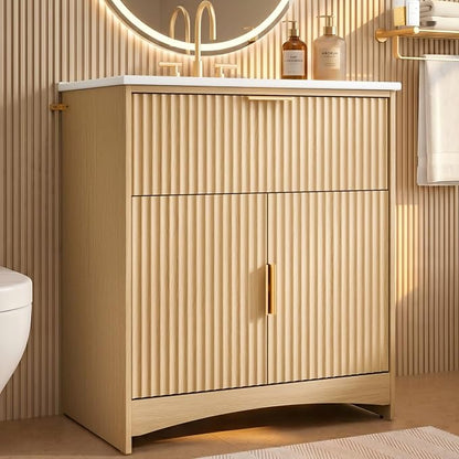 Marsail 30 Inch Bathroom Vanity with Sink, Wood Bathroom Vanities Modern Fluted Vanity Bathroom Cabinet with Drawer, Freestanding Ceramic Vanity Sinks for Bathrooms, Natural Oak