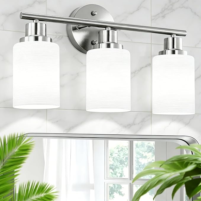 Brushed Nickel Bathroom Light Fixtures, 3-Light Vanity Lights | Vanity Lights for Mirror with Textured Milky White Glass Shade, E26 Base Modern Kitchen Light Fixtures Wall Sconce Light