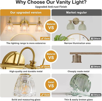 Bathroom Light Fixtures (3-Light), Vintage Brushed Gold Vanity Lights for Bathroom with Clear Tulip Crystal Glass Shade, Vanity Wall Light Over Mirror for Bedroom Living Room Hallway