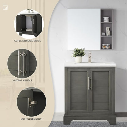 HOMEBEYOND 30 Inch Bathroom Vanity with Single Sink & Ceramic Top, Vanity Cabinet with Center Countertop Basin, Soft-Closing Doors,Sliver Grey