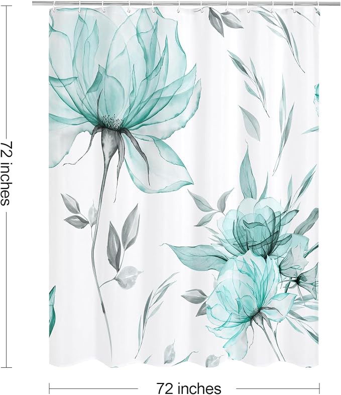 Litabel Teal Blue and Grey Boho Watercolor Floral Shower Curtain, Ink Painting Style Blossom & Leaf Shower Curtains for Chic Elegant Bathroom, Artistic Fabric Cloth Flower Shower Curtain, 72x72