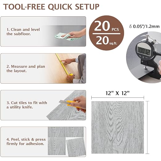 Peel and Stick Floor Tile, 20 Pcs 12" x 12" Waterproof Wood Grain Luxury Vinyl Plank Flooring, Easy DIY Self Adhesive Vinyl Floor for Bathroom, Kitchen, Living Room, White Washed Oak