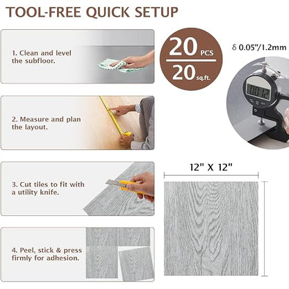 Peel and Stick Floor Tile, 20 Pcs 12" x 12" Waterproof Wood Grain Luxury Vinyl Plank Flooring, Easy DIY Self Adhesive Vinyl Floor for Bathroom, Kitchen, Living Room, White Washed Oak