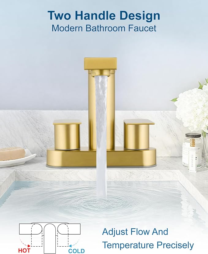 Brushed Gold Bathroom Sink Faucet,4 Inch Centerset,Two Handle | Lead-Free SUS304 Stainless Steel 2 or 3-Hole Centerset Bathroom Faucet,Pop-Up Drain & cUPC Supply Lines for Vanity Sinks & RV