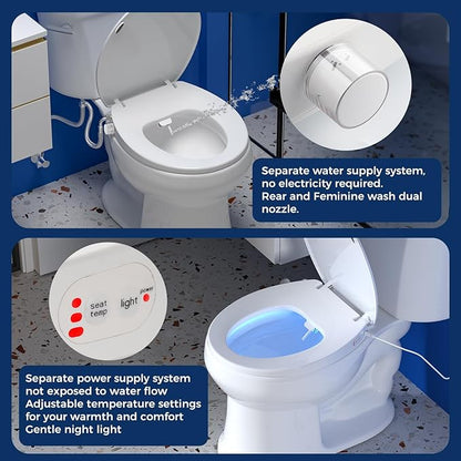 Round Heated Toilet Seat with Night Light, Three Temperature Settings Heated Seat,70 in Power Cord, Fit Round Toilet, Cold Water Bidet Function Toilet Seat With Slow Close