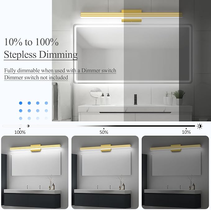 Ralbay 40inch Gold Vanity Light with 5 Color Temperature (2700K-6000K) Dimmable Acrylic Metal 36W LED Modern Matte Gold Bathroom Lighting Over Mirror