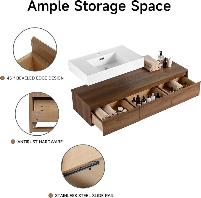 60 Inch Floating Bathroom Vanity with Single Sink, Modern Wall-Mounted Bathroom Cabinet with Resin Sink & Soft Close Drawers, Split-Level Layout (Walnut, 60")