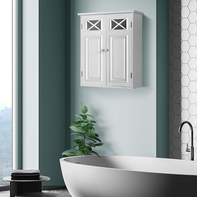 Teamson Home Dawson Wooden Over The Toilet Bathroom Removable Wall Medicine Cabinet with 1 Adjustable Shelf 2 Storage Spaces 2 Cross Molding Doors and Crystal-Cut Knobs, White | 2 Doors, Floor Mount, Open Shelf, Crystal-Cut Knobs
