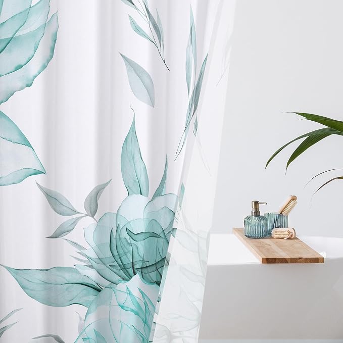 Litabel Long Boho Watercolor Floral Shower Curtain 72 x 78, Teal Blue and Grey Ink Painting Style Flower Shower Curtains for Chic Elegant Bathroom, Artistic 78 Inch Long Fabric Shower Curtain
