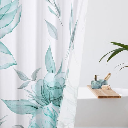 Litabel Long Boho Watercolor Floral Shower Curtain 72 x 78, Teal Blue and Grey Ink Painting Style Flower Shower Curtains for Chic Elegant Bathroom, Artistic 78 Inch Long Fabric Shower Curtain