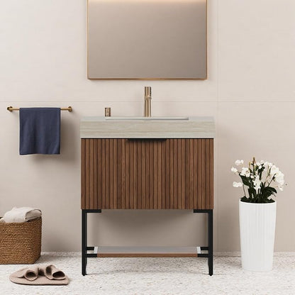 30" Freestanding Bathroom Vanity with Sink, Bathroom Vanity with Sintered Stone Top & Undermount Ceramic Basin, Pre-Assembled Striped Bathroom Storage Cabinet with Drawer & Open Shelf, Walnut