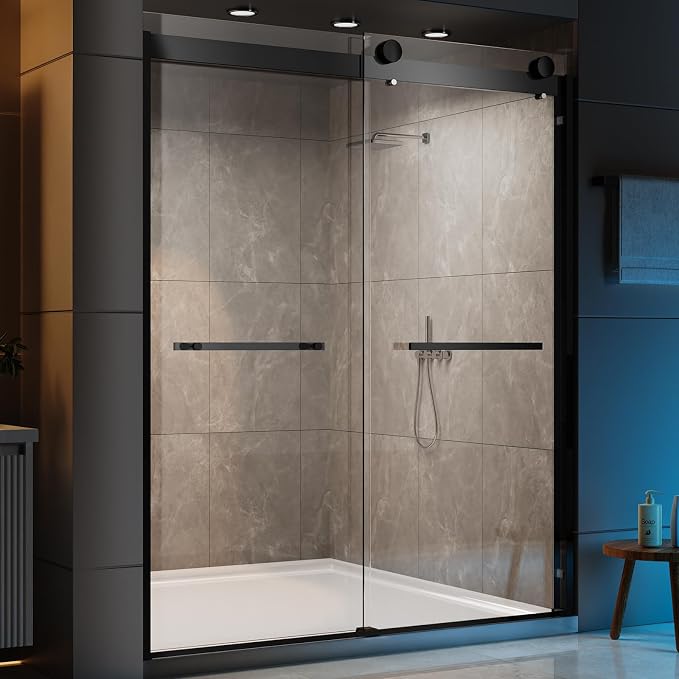 Shower Door Double Sliding Semi-Frameless Shower Door 56-60" W × 78" H Sliding Shower Door, 3/8" (10mm) Thick Tempered Clear Glass with Explosion-Proof Film, Bathroom Glass Door, Matte Black
