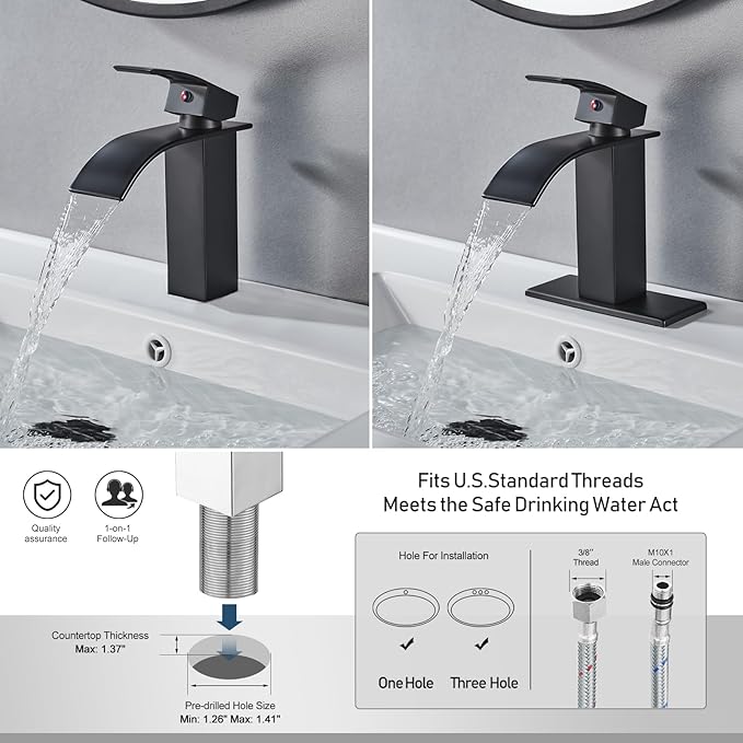 Black Bathroom Faucet Waterfall Single Handle Bathroom Sink Faucet with Pop-up Drain, Bathroom Faucet One Hole or 3 Hole with Deck Plate