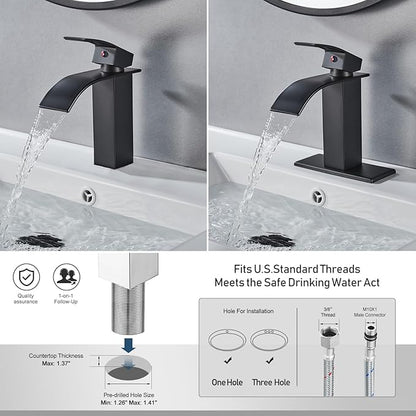 Black Bathroom Faucet Waterfall Single Handle Bathroom Sink Faucet with Pop-up Drain, Bathroom Faucet One Hole or 3 Hole with Deck Plate