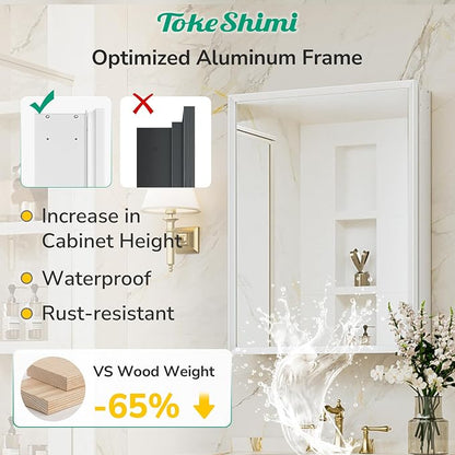 14 x 18 White Recessed Medicine Cabinet with Mirror, Assembly Required, Medicine Cabinet for Bathroom, Stepless Adjustable Shelves, Beveled Aluminum Frame, DTC Hinge