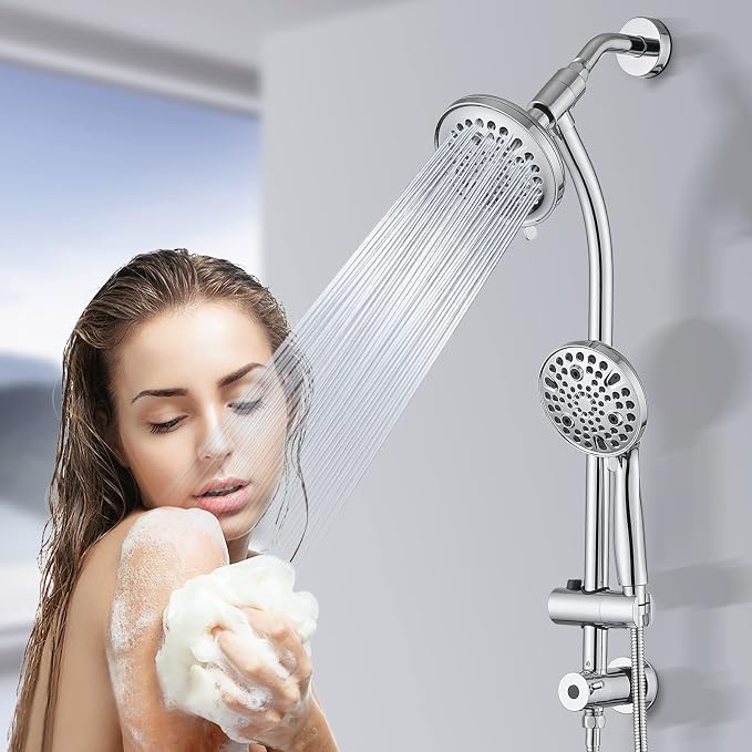 Rainfall Shower Head with Handheld Shower Spray, with 26" Drill Free Adjustable Height Slider Bar, High Pressure Dual Shower Head Combo, 3-Way Diverter for Easy Reach, 5Ft Hose - Chrome Finish