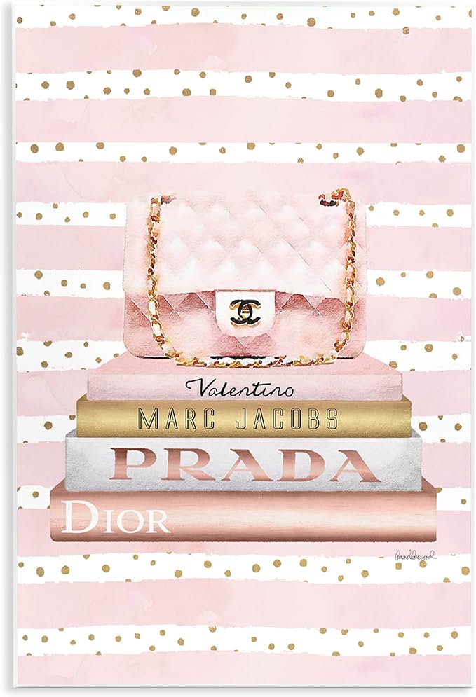 Stupell Industries 'Pink Purse Bookstack Over Stripes'| Wall Plaque Art | Stupell Industries | 10 x 15 Inches, Easy to Hang and Sturdy, Made in USA, by Amanda Greenwood
