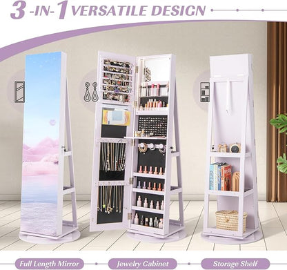 MAT EXPERT 360° Rotating Jewelry Armoire, Lockable Freestanding Jewelry Organizer w/Full-length Mirror, 3-Color LED Lights, Rear Storage Shelves, Mirror Jewelry Cabinet for Bedroom (Lavender)