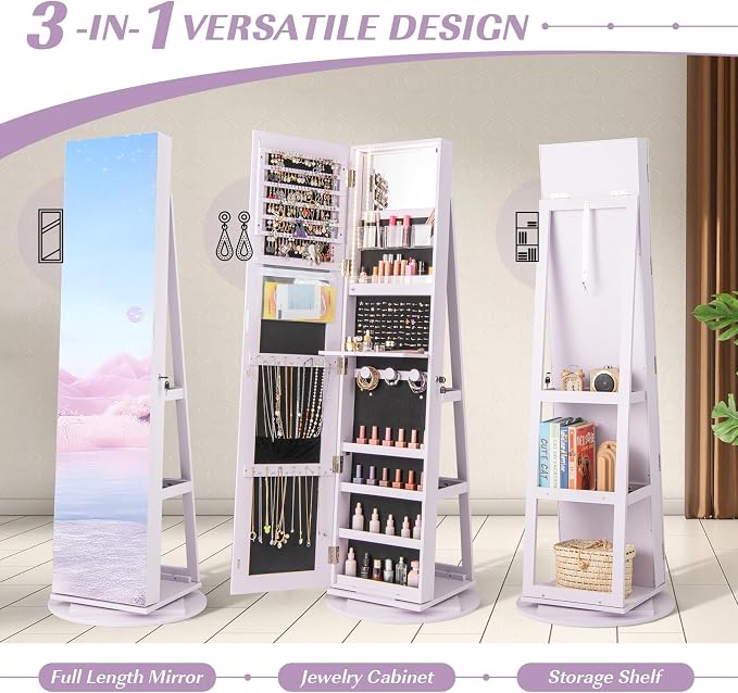 GOFLAME 360° Rotating Jewelry Cabinet with Full-Length Mirror, Freestanding Jewelry Armoire with 3-Color LED Light and Back Storage Shelf, Lockable Jewelry Organizer for Bedroom Cloakroom, Lavender