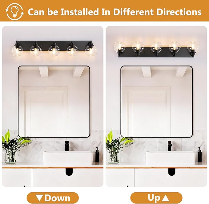 Bathroom Light Fixtures, 5-Light Matte Black Vanity Lights, Modern Bathroom Lighting Fixtures Over Mirror, Farmhouse Vanity Lights with Glass Shade for Living Room, Bedroom, Hallway
