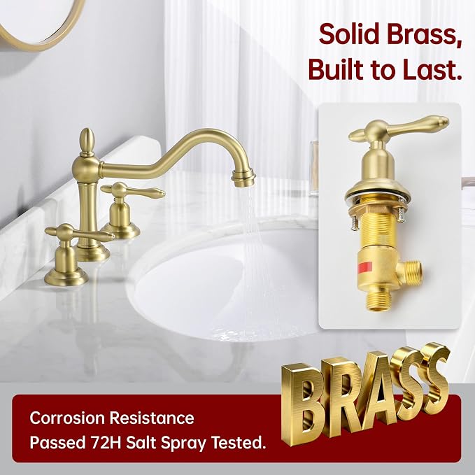 SUMERAIN 8 inch Widespread Bathroom Sink Faucet, Brushed Gold | 3 Holes, 2 Handle, 360°Swivel Spout, Vintage Style
