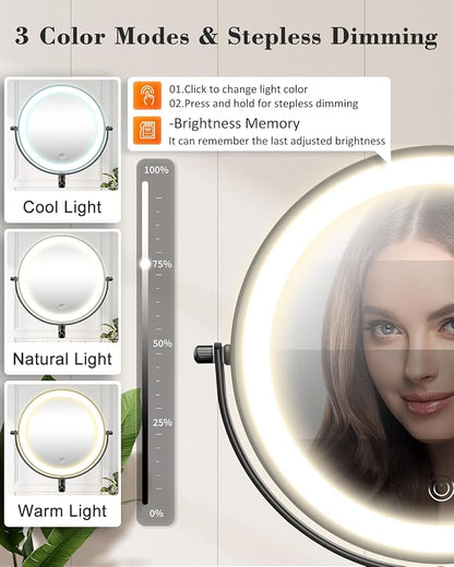 20X 9" Wall Mounted Magnifying Makeup Mirror with Light Height Adjustable | 5000mAh Double Sided Rechargeable LED Lighted Vanity Mirror with Magnification 3 Color Light up Extended Arm 360 Rotation