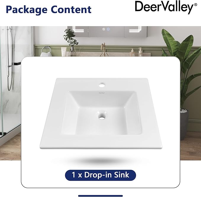 DeerValley 21"x18" Drop-In Bathroom Sink Ceramic Rectangle Vessel Sink with Overflow Vanity Bathroom Vessel Sink Bowl