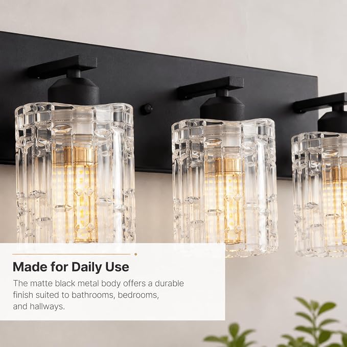 3 Lights Matte Black Crystal Bathroom Vanity Light,Modern Bathroom Wall Light,Crystal Over Mirror Light Fixtures for Living Room, Bedroom, Hallway