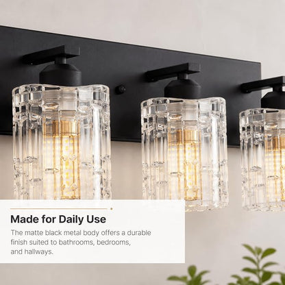 3 Lights Matte Black Crystal Bathroom Vanity Light,Modern Bathroom Wall Light,Crystal Over Mirror Light Fixtures for Living Room, Bedroom, Hallway
