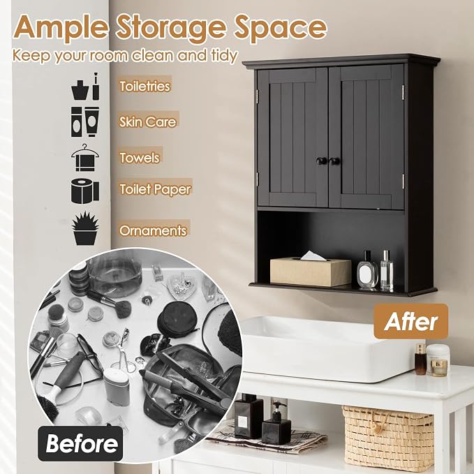 Tangkula Wall Mount Bathroom Cabinet Wooden Medicine Cabinet Storage Organizer with 2-Doors and 1-Shelf Cottage Collection Wall Cabinet (Espresso)