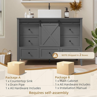 VNN Bathroom Vanity with Sink - 48 Inch Bathroom Vanity with Sink Ceramic, Freestanding Cabinet with Farmhouse Sliding Barn Door and 7 Drawers, Space-Saving Storage Cabinet, Grey