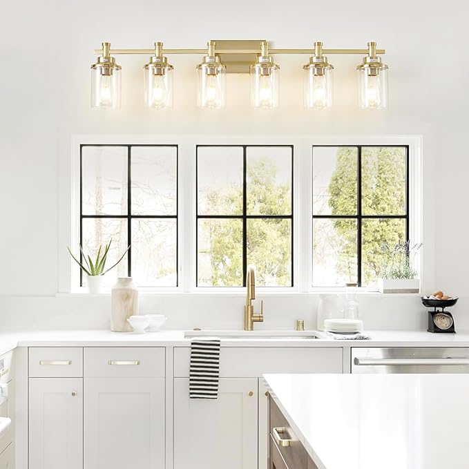Brushed Brass Vanity Light, 6-Light Fixtures with Clear Glass Shades, Over Mirror, for Bathroom, Living Room, Hallway