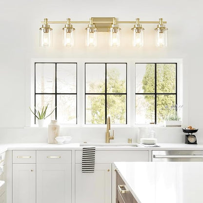 Brushed Brass Vanity Light, 6-Light Fixtures with Clear Glass Shades, Over Mirror, for Bathroom, Living Room, Hallway