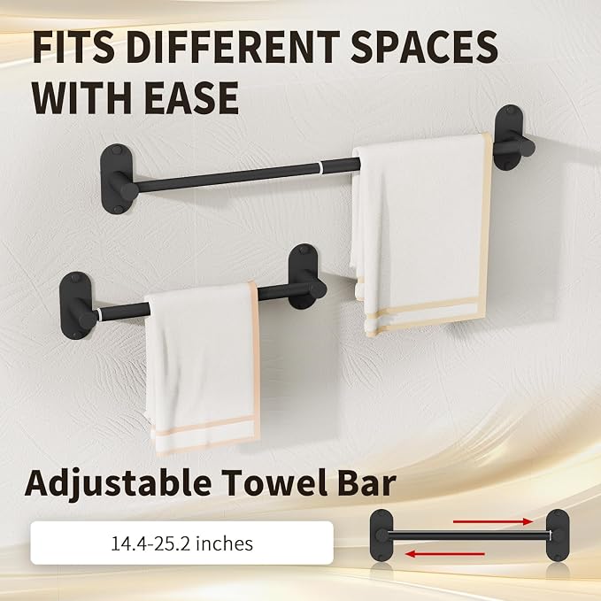 5-Piece Bathroom Hardware Set, Adhesive or Drill Wall Mount, Black | Adjustable Towel Bar, Toilet Paper Holder, Towel Ring, 2 Towel Hook, 304 Stainless Steel Bathroom Accessories Set