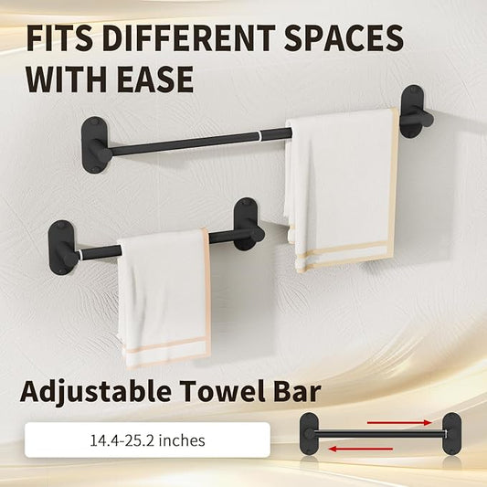 5-Piece Bathroom Hardware Set, Adhesive or Drill Wall Mount, Black | Adjustable Towel Bar, Toilet Paper Holder, Towel Ring, 2 Towel Hook, 304 Stainless Steel Bathroom Accessories Set