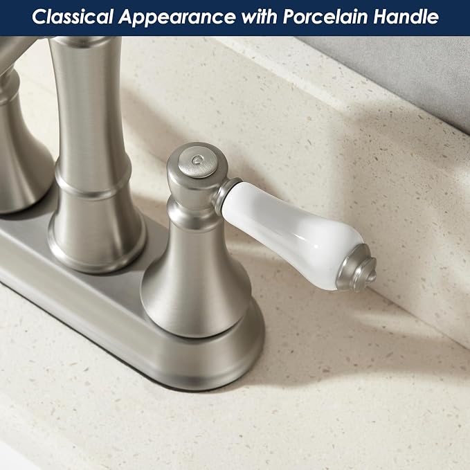 Porcelain 2-Handle Brushed Nickel Bathroom Faucet 4 Inch Centerset | with Plastic Pop-up Drain, Classical 4" Bath Lavatory Vanity Faucets for 2/3 Hole Sinks, High Arc 360° Swivel Brass Spout