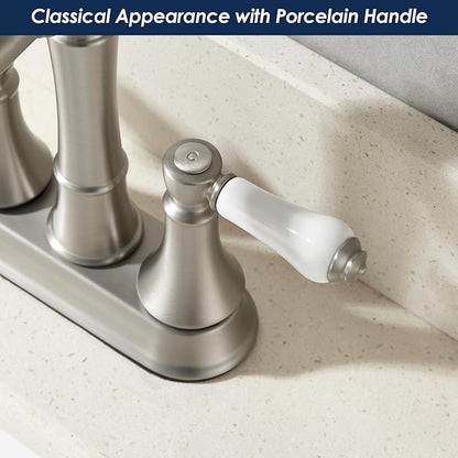 Porcelain 2-Handle Brushed Nickel Bathroom Faucet 4 Inch Centerset | with Plastic Pop-up Drain, Classical 4" Bath Lavatory Vanity Faucets for 2/3 Hole Sinks, High Arc 360° Swivel Brass Spout