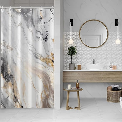 Grey and White Shower Curtain, Modern Grey Marble Shower Curtain for Bathroom Aesthetic Waterproof Shower Curtain Set with Hooks, 54x72 Inch