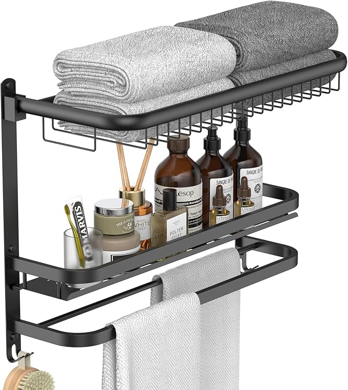 Foldable 23.22 Inch Rowel Rack Wall Mounted with Bathroom Shower Shelves Stainless Steel Towel Bar Without Drilling and Screw Installation (Black)